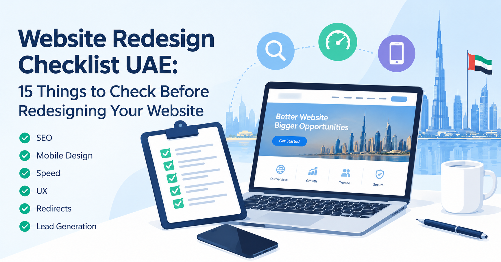 Website Redesign Checklist UAE – 15 Essential Checks for SEO, Mobile Design, Speed and User Experience.