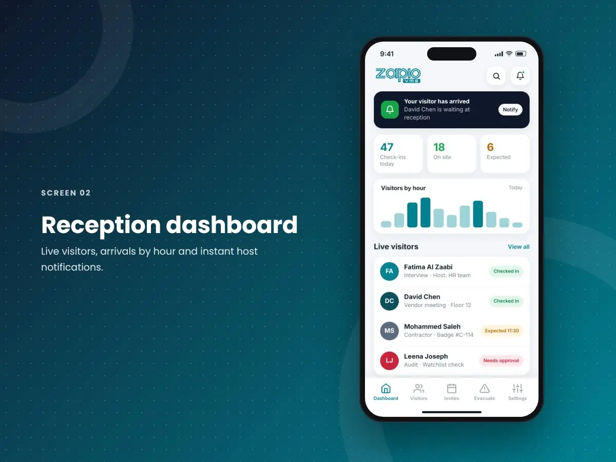 Zapio VMS App: Reception dashboard