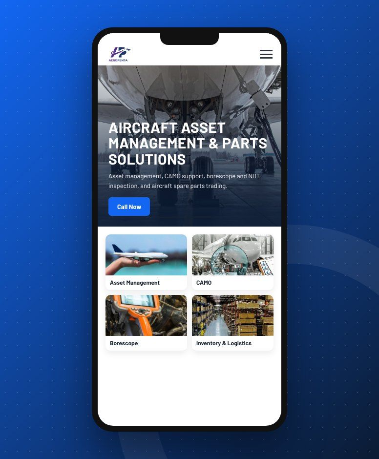 AEROPENTA website on a mobile phone