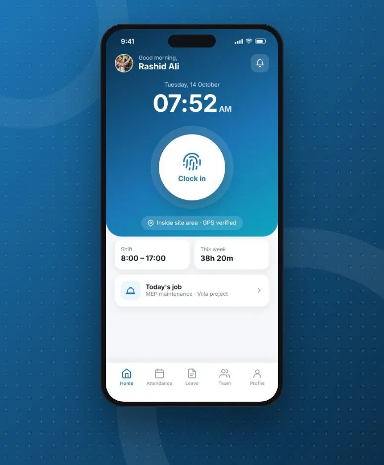 Clarlo Time Attendance app on a mobile phone
