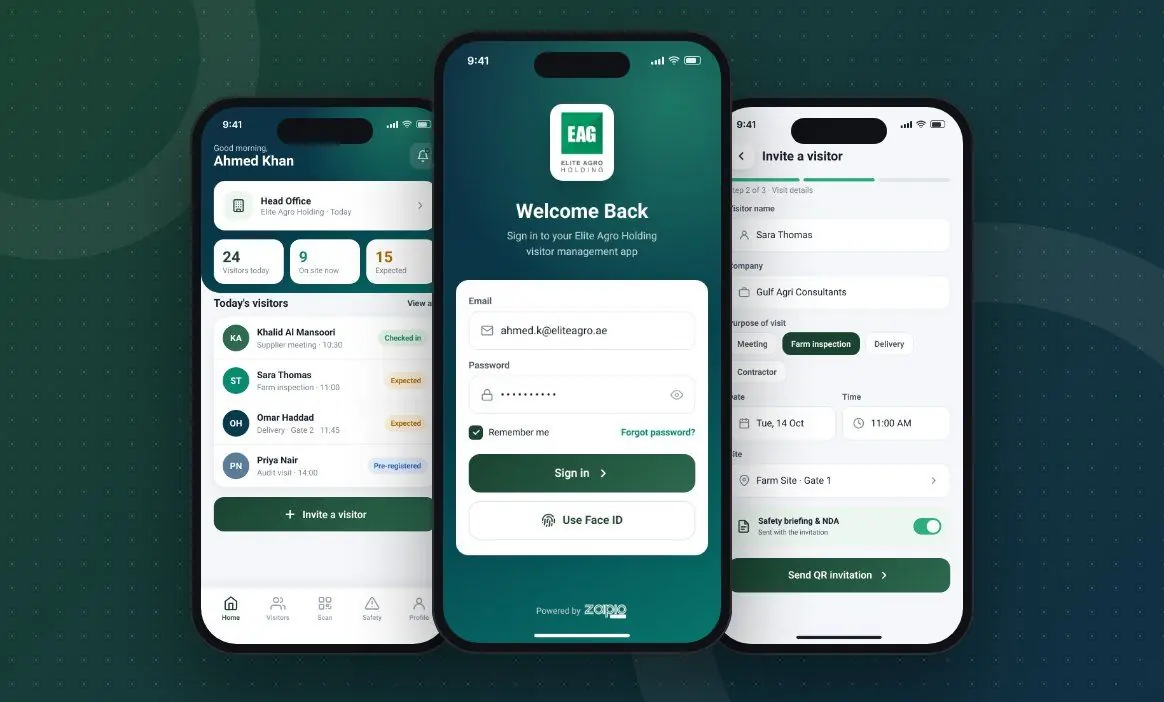 Elite Agro Holding VMS app screens designed by Zapio