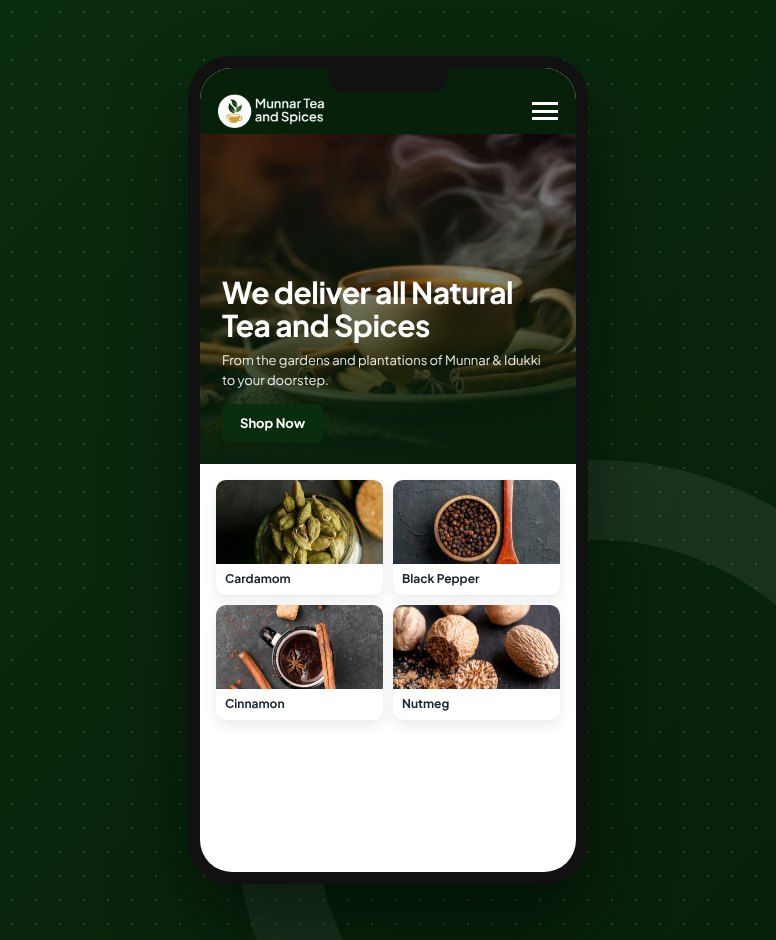 Munnar Tea & Spices website on a mobile phone