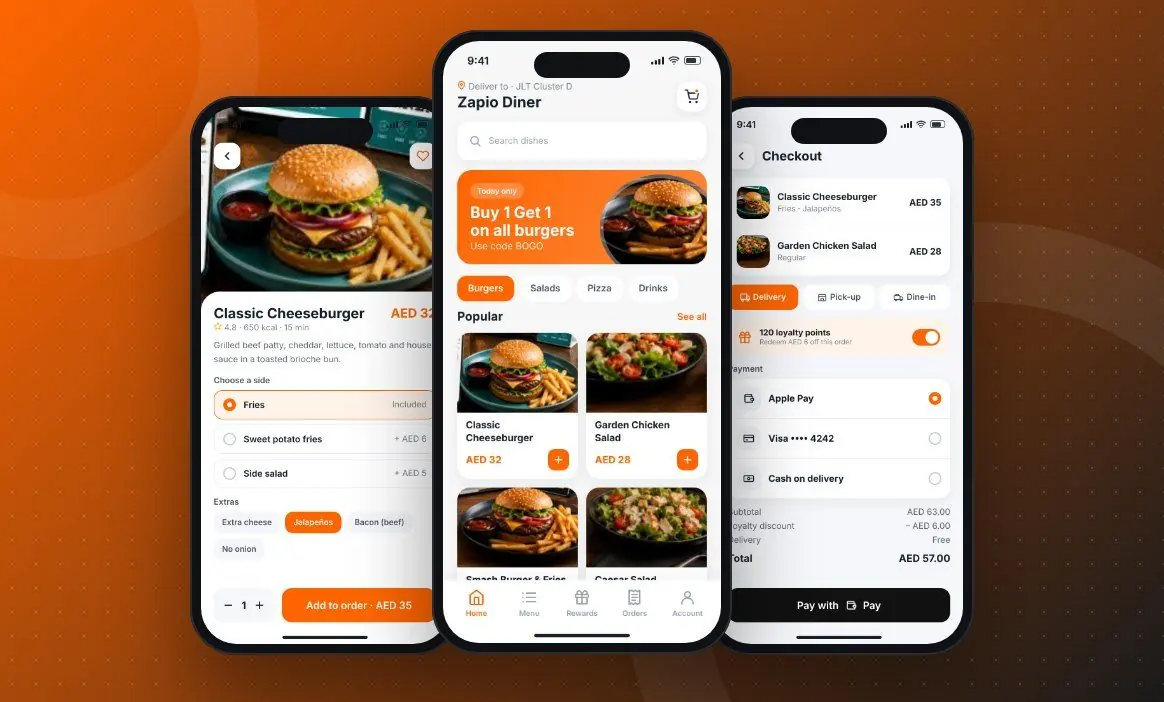 Zapio Menu App app screens designed by Zapio